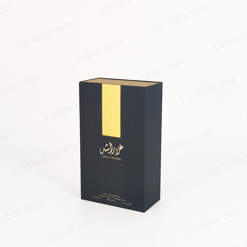 Embalagem de perfume de papel alumínio de ouro com tampa rígida e bandeja de espuma EVA para exibição de fragrâncias HP011