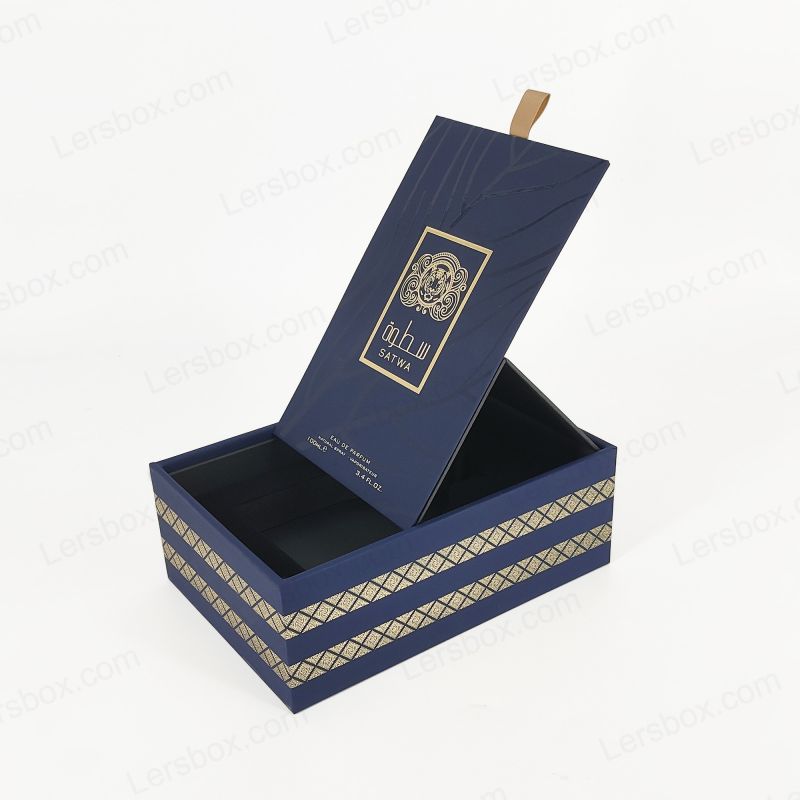 Caixa de perfume de luxo com gravação de ouro personalizada e bandeja EVA para proteção adicional HP018