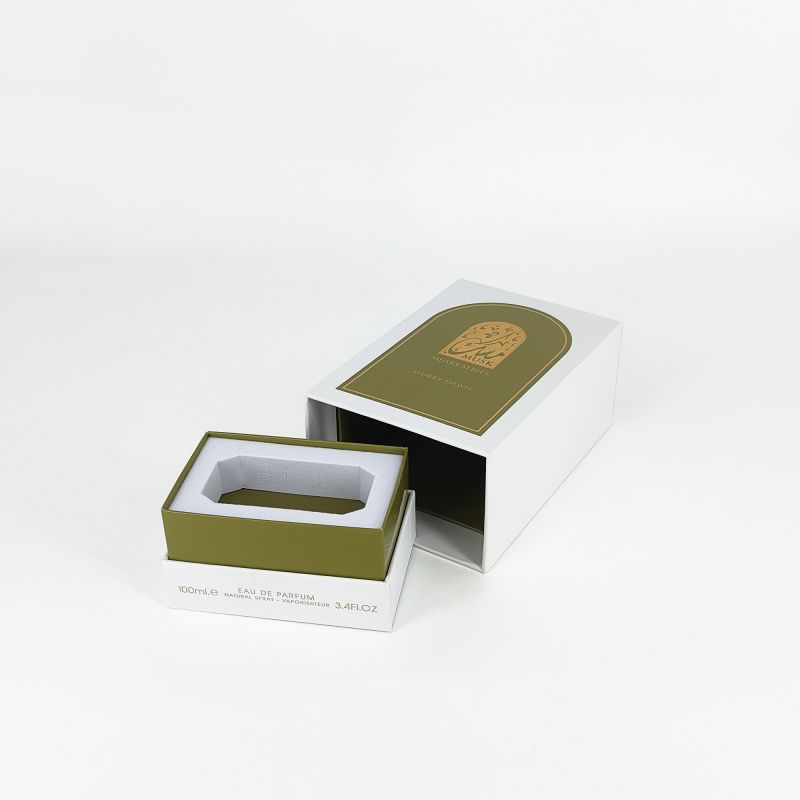 Caixa de perfume em relevo com folha de ouro com bandeja EVA, base rígida e design de tampa elegante HP031