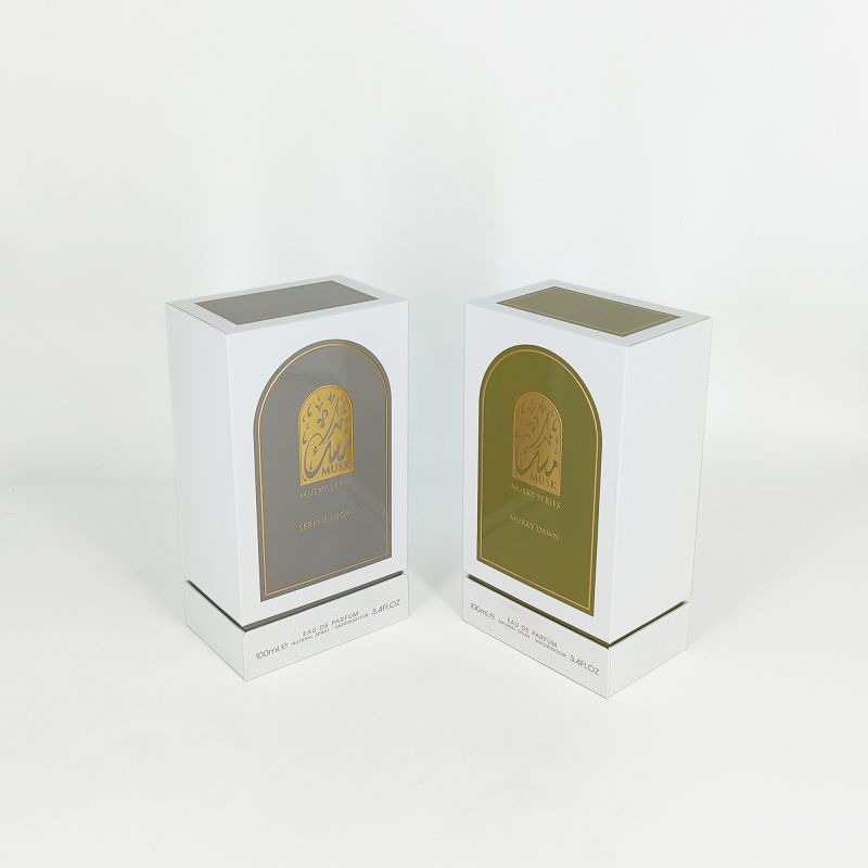 Caixa de perfume em relevo com folha de ouro com bandeja EVA, base rígida e design de tampa elegante HP031