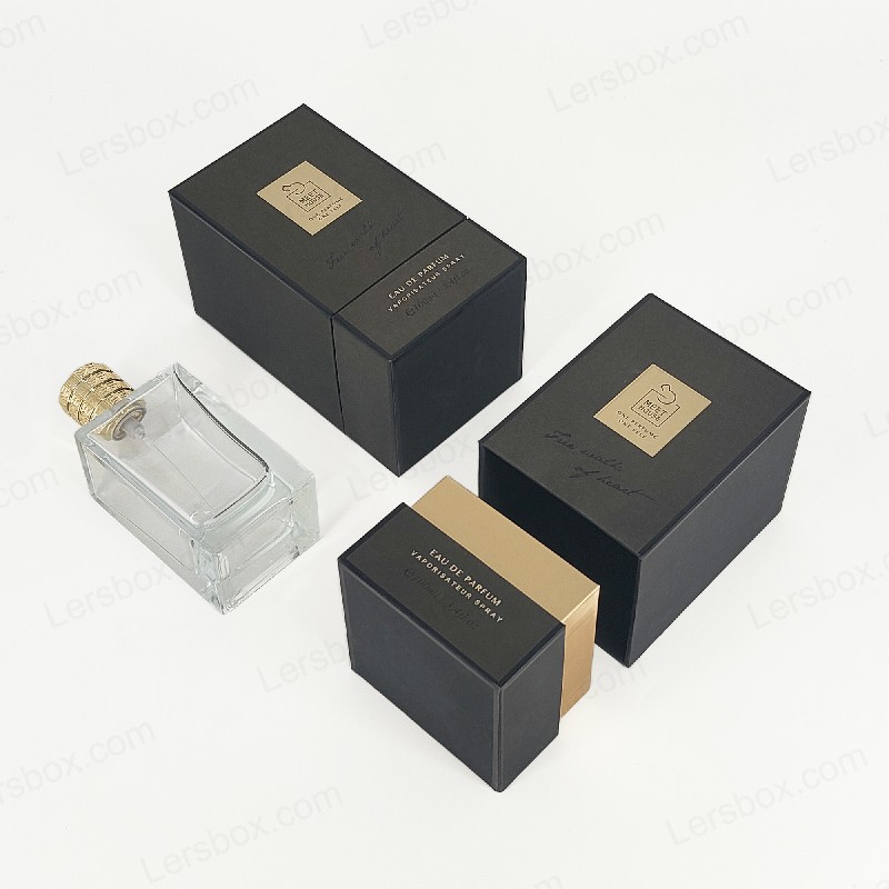 Caixa de perfume de folha de ouro com tampa rígida, base e bandeja de espuma EVA para exibição luxuosa HP034
