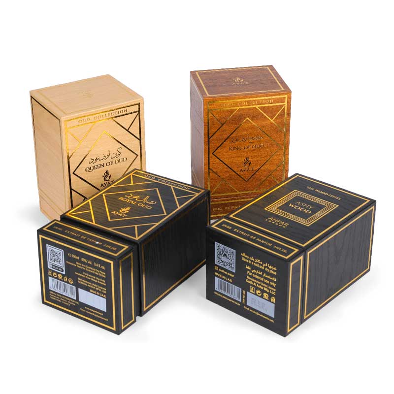 Caixa de perfume feita de papel de grão de madeira de imitação